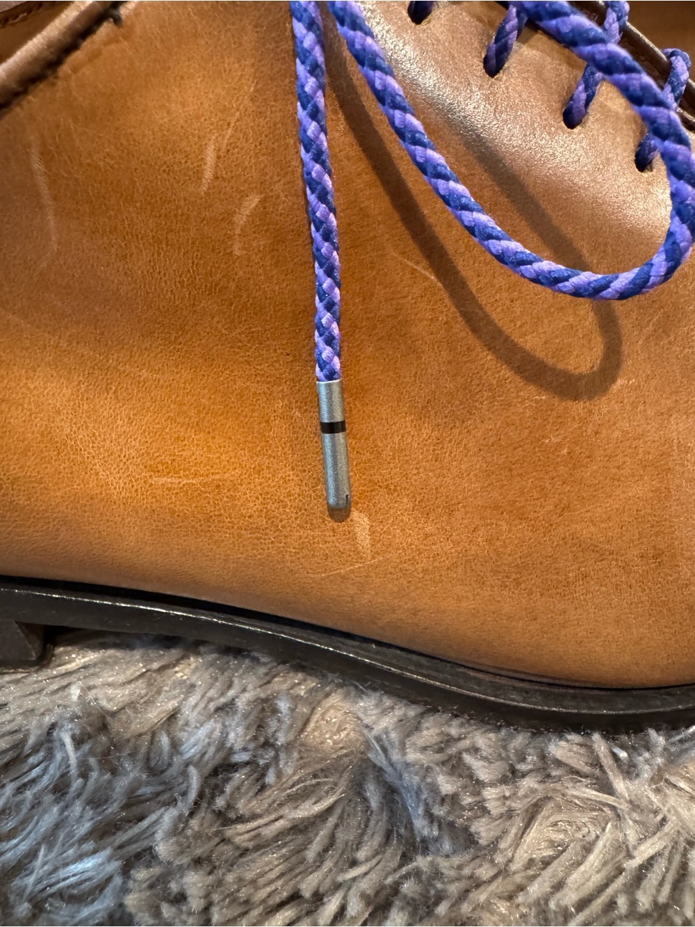 Men's Tan Leather Derby Shoes with Blue/Purple Laces by CUOIO. Made in Italy - Picture 10 of 14
